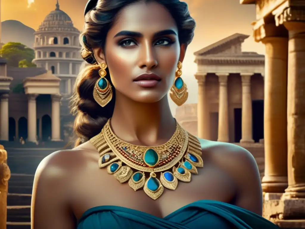 Joyería romana: historia y evolución - Roman woman adorned in opulent jewelry against ancient ruins