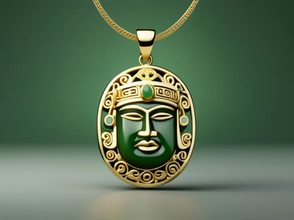 Joyería Olmeca: Imagen 8k de un elegante colgante dorado con jade esculpido en rostro estilizado Olmeca, rodeado de filigrana de oro