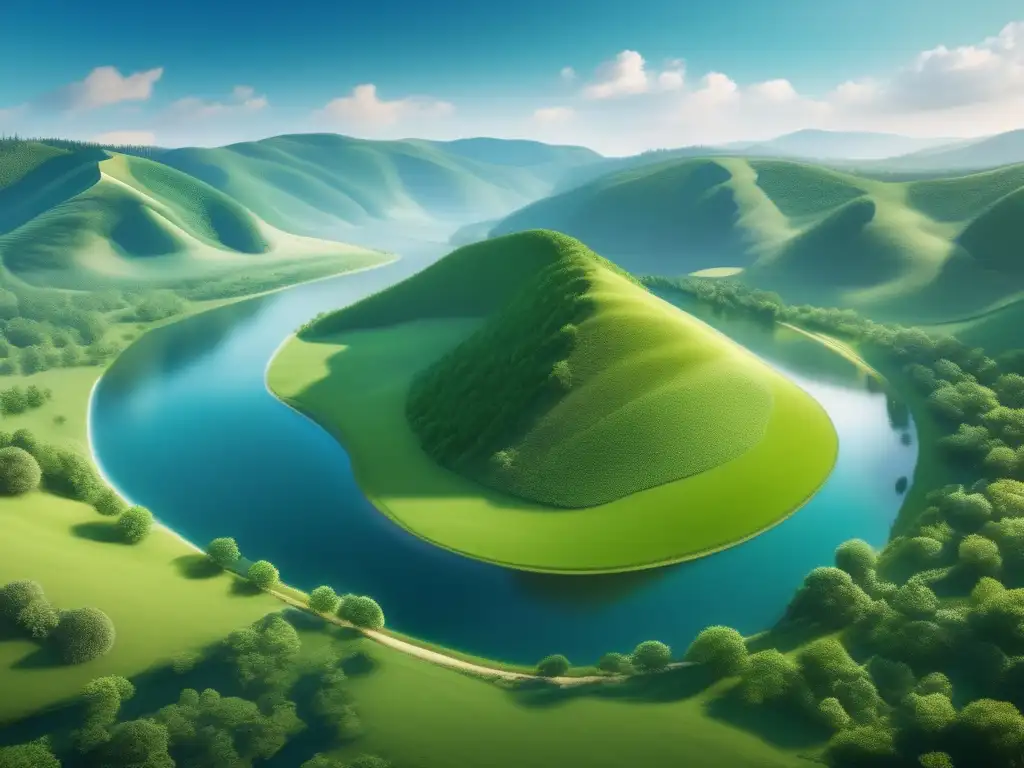 Paisaje sereno con colinas verdes, río cristalino, árboles majestuosos y montañas nevadas