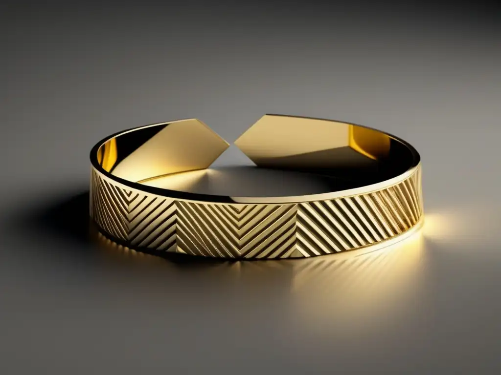 Pulsera dorada minimalista con patrones geométricos, fusionando alta moda y joyería