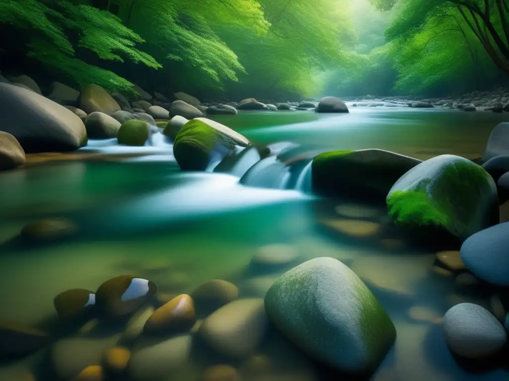 Río sereno y puro con vegetación vibrante Importancia ambiental del platino en joyería: Imagen de un ecosistema fluvial prístino con agua cristalina y vegetación verde vibrante