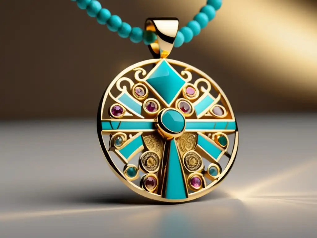 Historia joyas talismán: Imagen colgante egipcio dorado con piedra turquesa, diseño minimalista y elegante