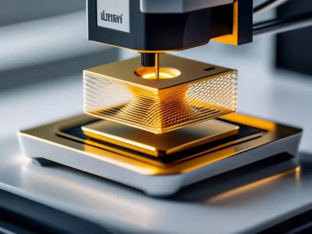 Impresión 3D joyería personalizada: 3D printer crea delicadamente una deslumbrante joya de oro, capturando detalles con precisión