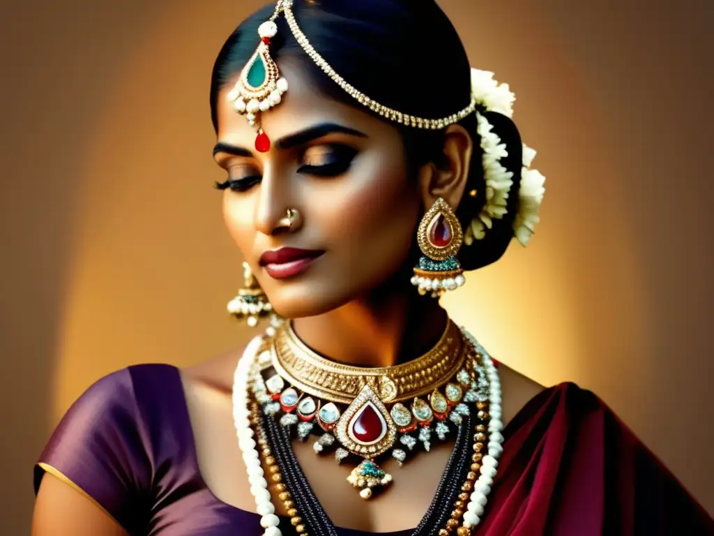 Evolución joyería India: historia y significado - Mujer india con joyas tradicionales, elegantes y detalladas