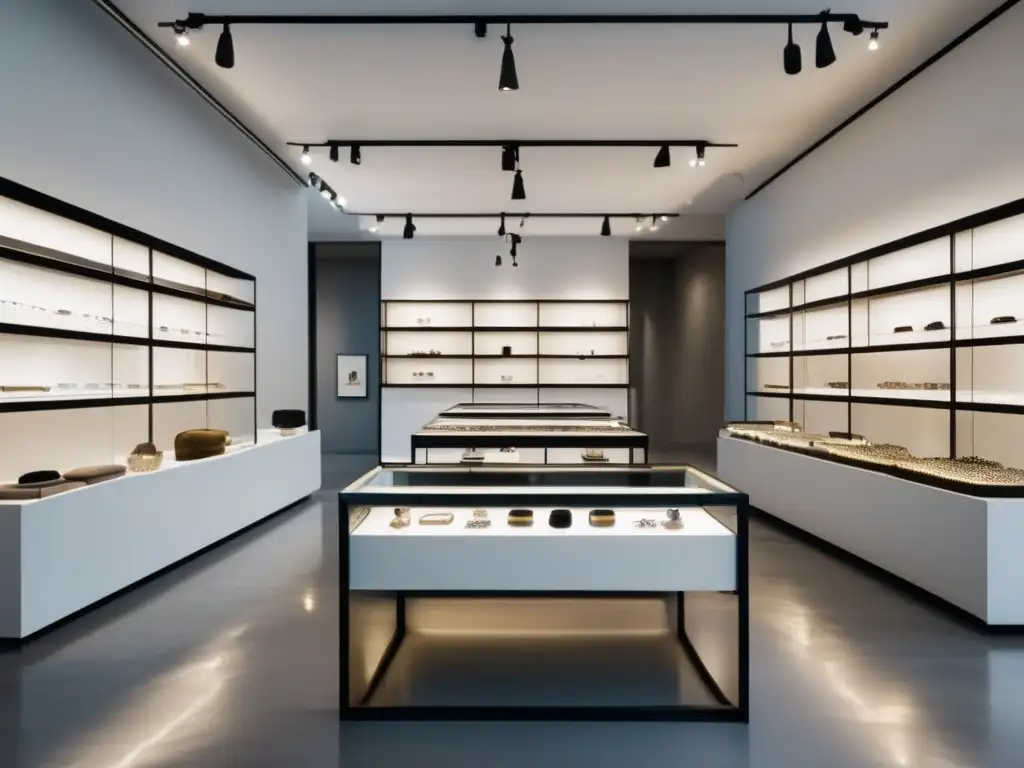 Joyería ética y comunidades mineras: interior minimalista de una tienda con elegantes piezas de joyería sostenible