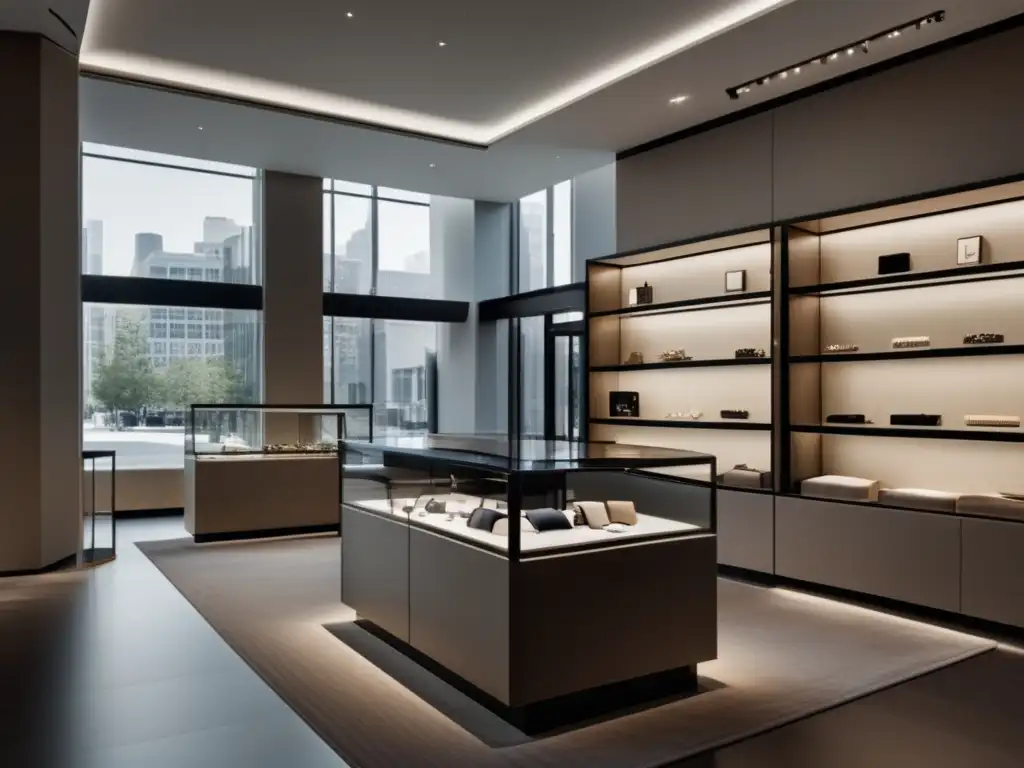 Interior minimalista de joyería moderna Tendencias futuras mercado joyería: Interior minimalista de una tienda de joyas con diseño moderno y detallado en 8k