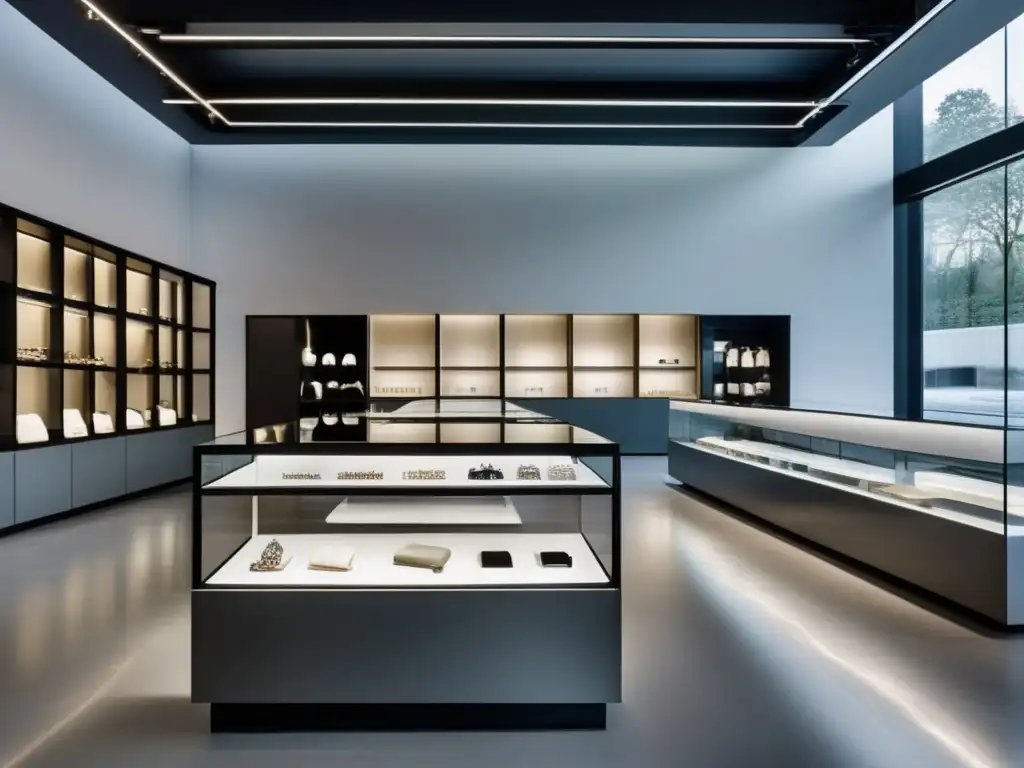 Interior minimalista de joyería moderna Innovaciones en joyería con realidad virtual: tienda minimalista y moderna, con líneas limpias, paredes blancas y suelo de hormigón pulido