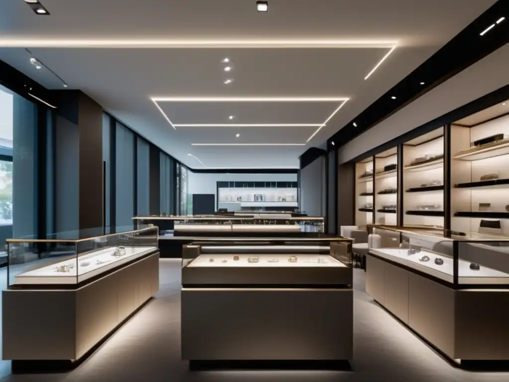 Interior de tienda joyería: diseño minimalista, exhibición elegante de joyas, iluminación suave y enfocada