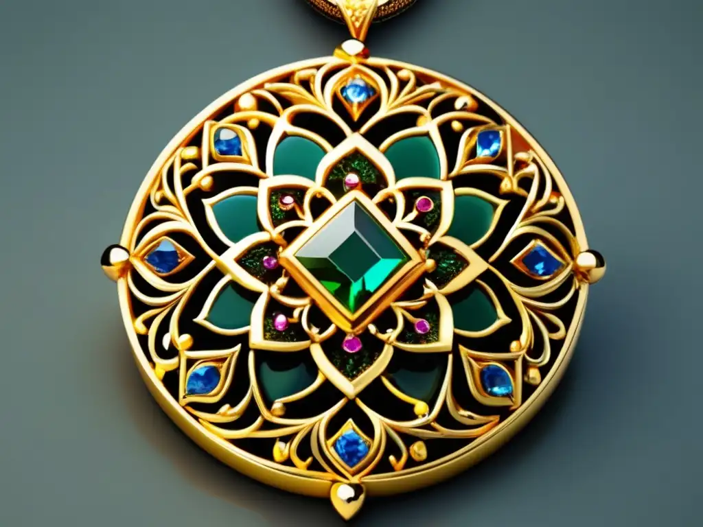 Evolución joyería Medio Oriente: Detalle joya antigua, oro, gemas, filigrana, flor de loto, elegancia y sofisticación