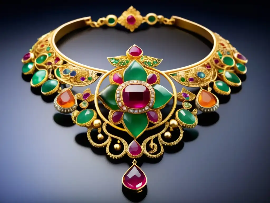 Joya asiática: collar de lotus colonial Historia joyería asiática: collar loto brillante, gemas vibrantes y filigrana dorada