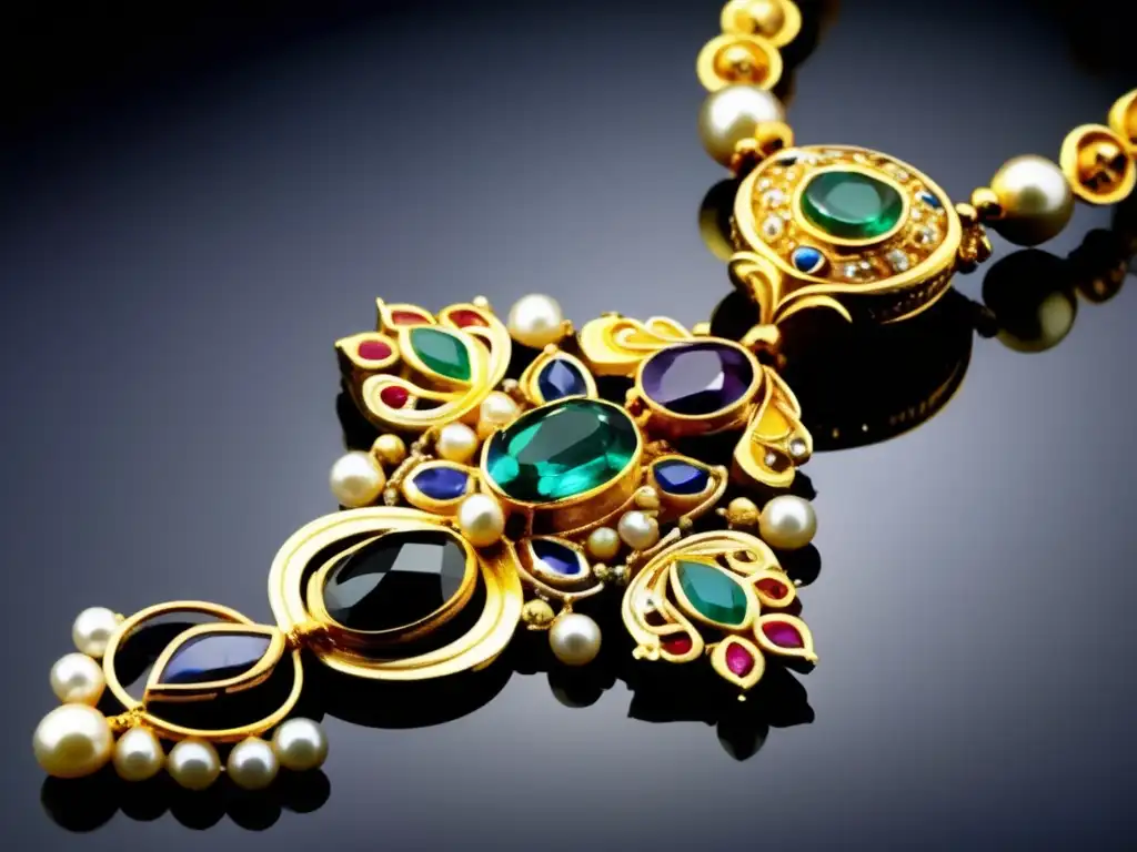 Historia joyería bizantina: Collar cruzado opulento con gemas, perlas y metal trabajado, reflejando elegancia y riqueza cultural