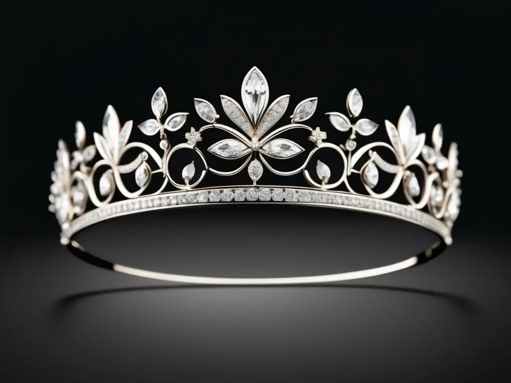 Historia de la Alta Costura en joyería: Tiara de diamantes con patrones florales exquisitos sobre fondo negro