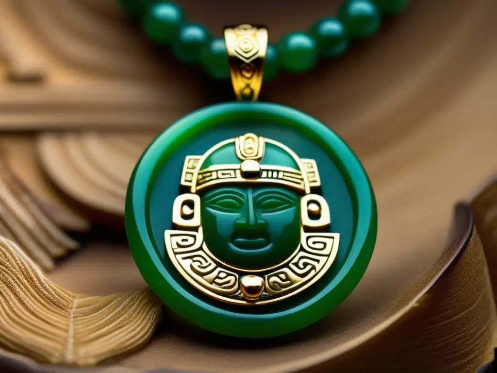 Historia y evolución de las joyas mayas - Detalle de un collar de jade esculpido con deidad maya y adornos de oro