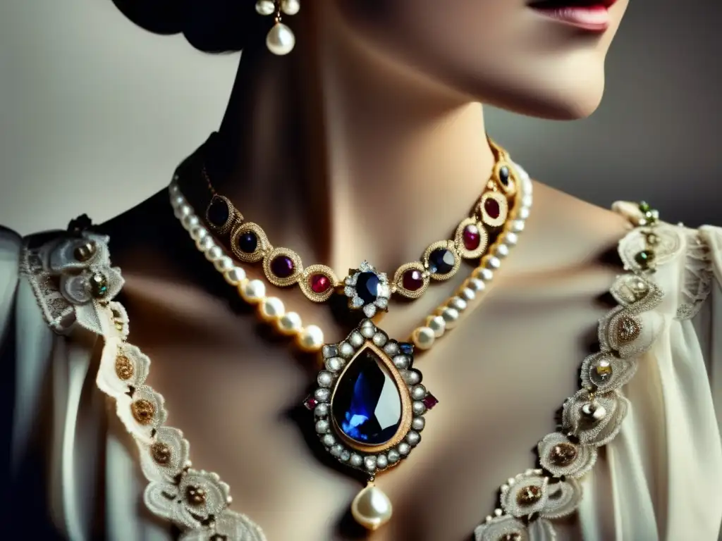 Evolución joyas victorianas: collar perlas y gemas, elegancia y sofisticación en fondo blanco