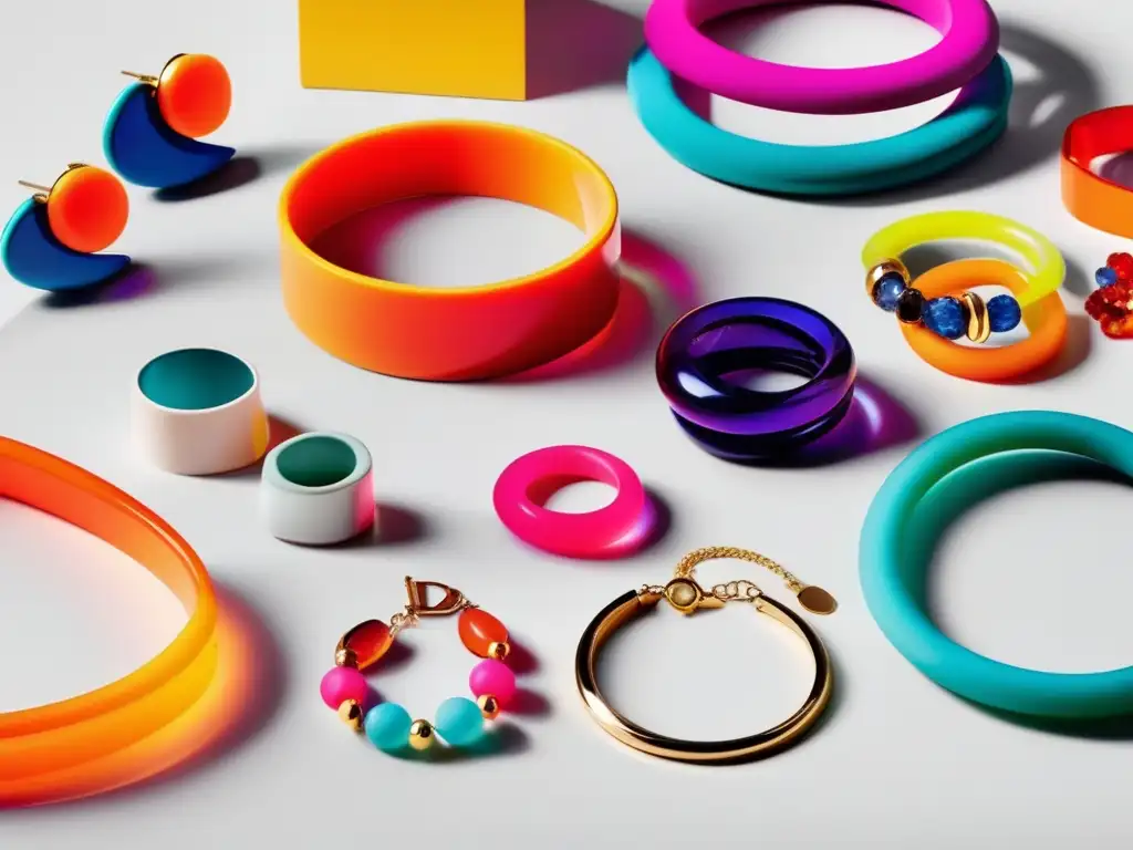 Influencia joyería años 80: colección vibrante y audaz, estilo minimalista, accesorios geométricos, colores llamativos