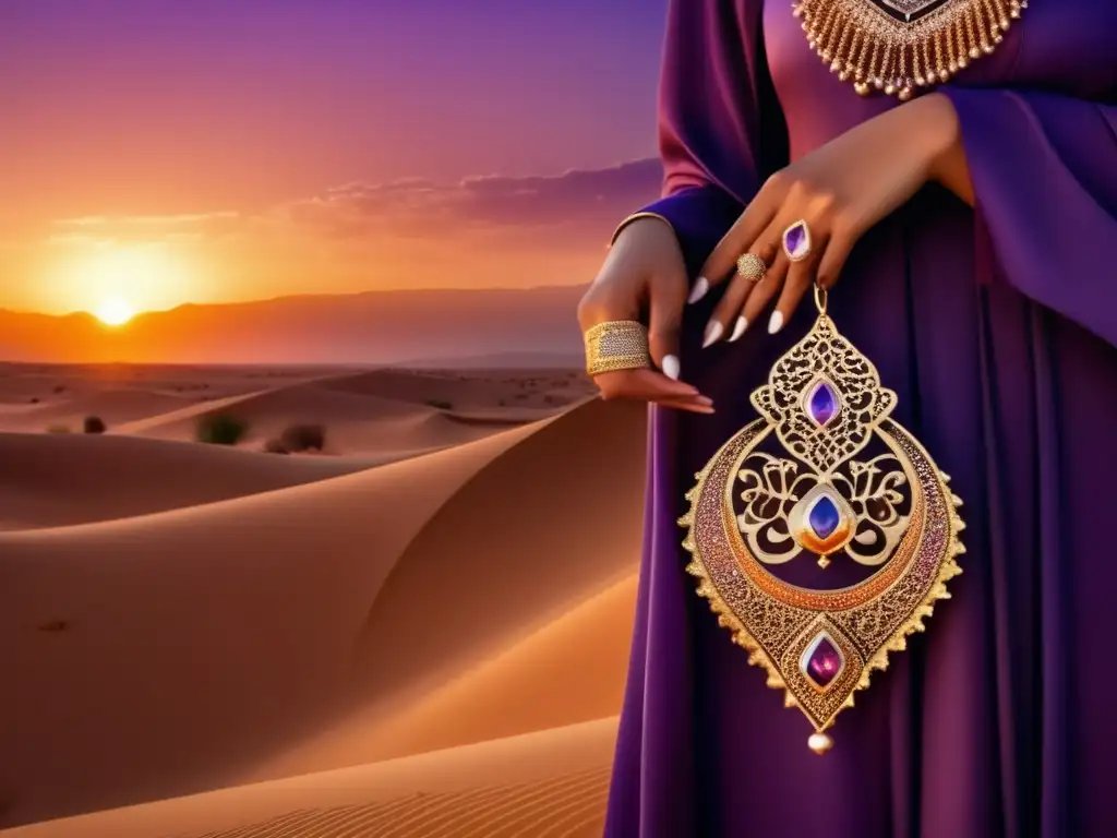 Historia joyería árabe contemporánea: mujer sostiene joya en desierto dorado al atardecer, artesanía, gemas y belleza