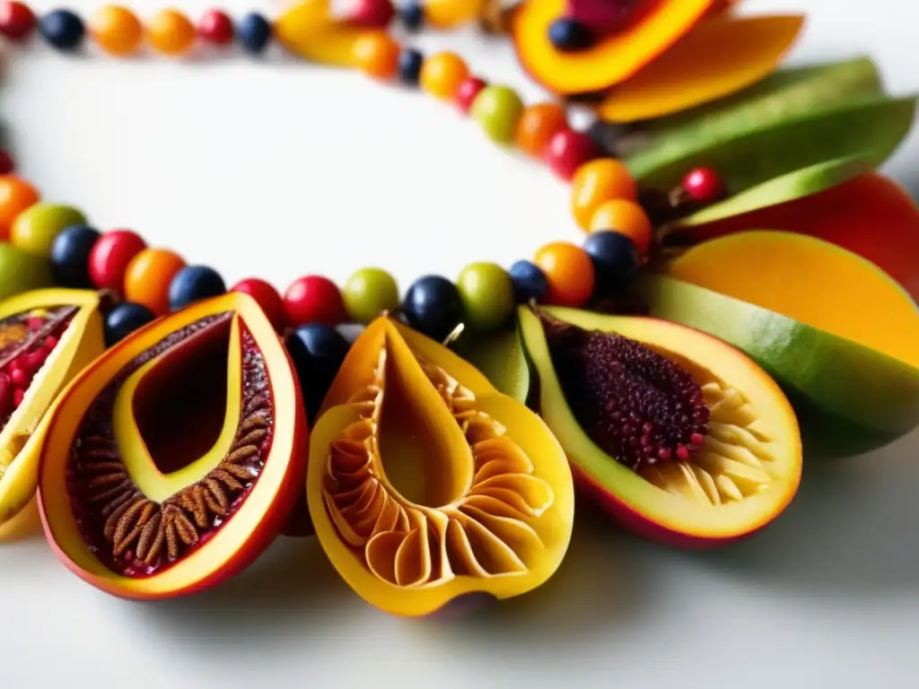 Historia joyería cáscaras frutas: Collar contemporáneo de cáscaras de frutas talladas, con colgantes enérgicos y detallados de naranja, limón y sandía