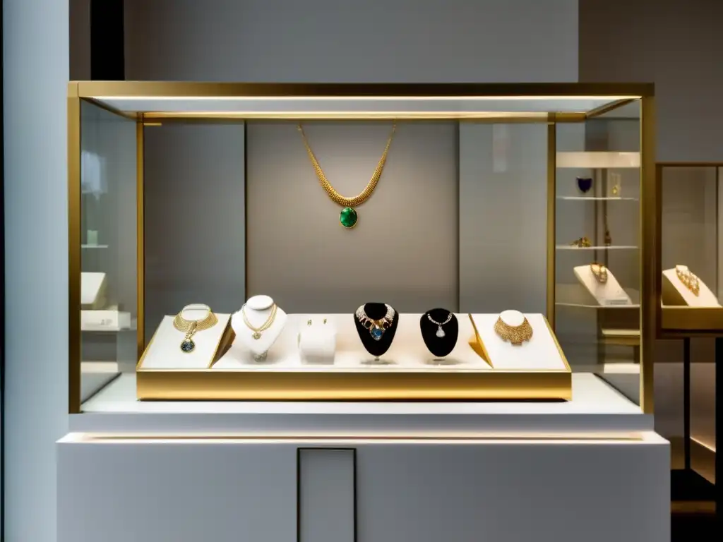 Evolución joyería contemporánea: exposición estilizada con piezas únicas de oro, plata y gemas preciosas, resaltando su diseño y elegancia