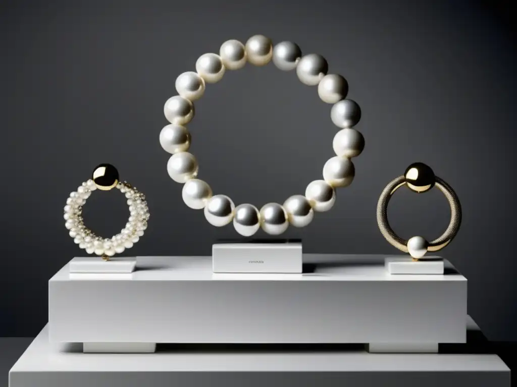 Tendencias joyería contemporánea reflejan mundo: joyas únicas y modernas en un elegante expositor blanco