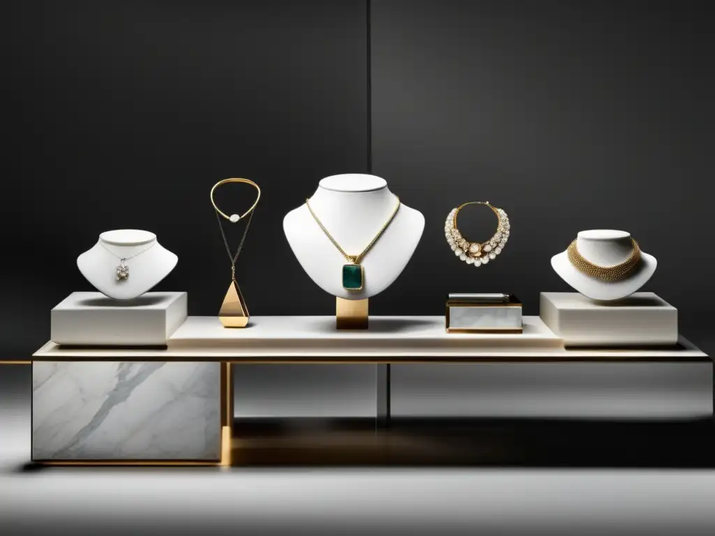 Evolución joyería y moda: Imagen elegante de exhibición minimalista de joyería, con piezas exquisitas y variadas accesorios