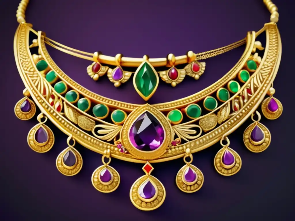 Historia joyería etíope antigua: diseño elegante y detalles exquisitos de un collar de oro con gemas vibrantes