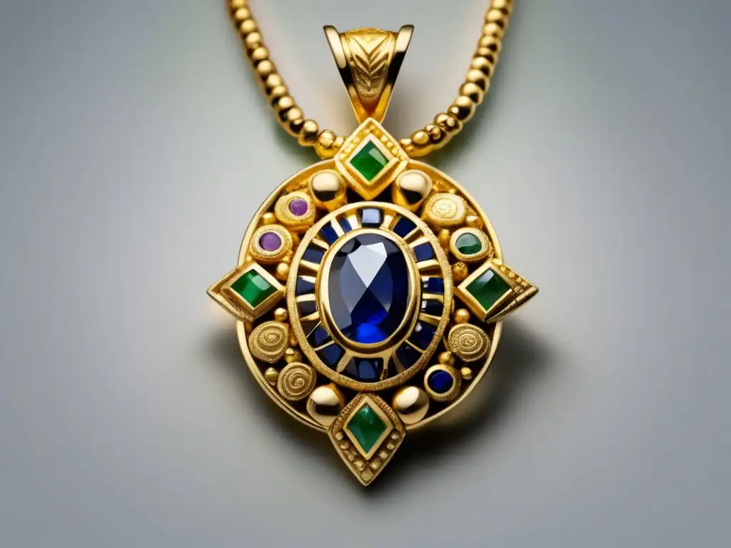 Historia joyería etíope antigua: collar oro con motivos simbólicos, como el León de Judá y la cruz etíope, adornado con gemas vibrantes