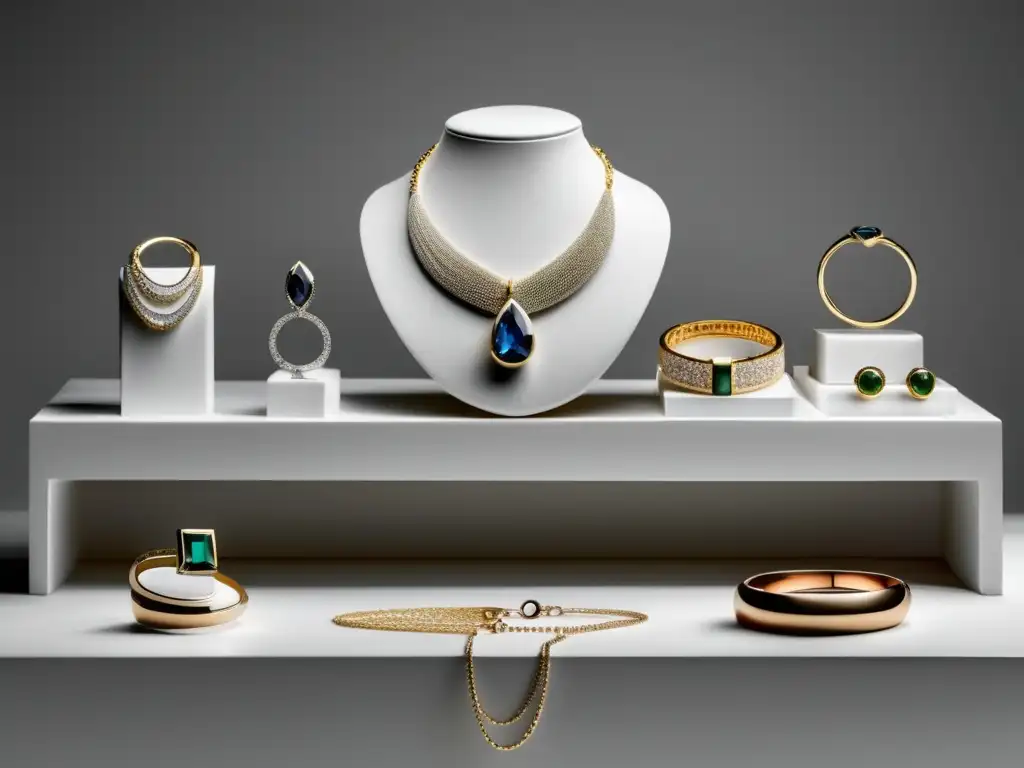 Joyería en moda de alta costura: exhibición minimalista de joyas elegantes, diseñadas con detalle y adornadas con gemas brillantes