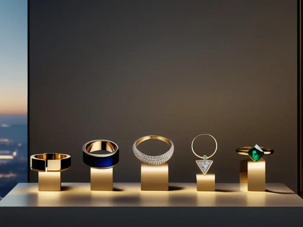 Cambios en la joyería contemporánea: exhibición minimalista y moderna de joyas elegantes, geométricas y detalladas