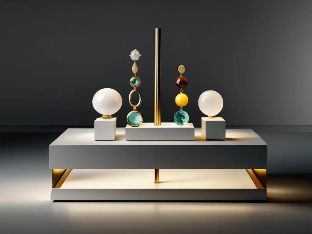 Joyería contemporánea con gemas raras en pedestal blanco