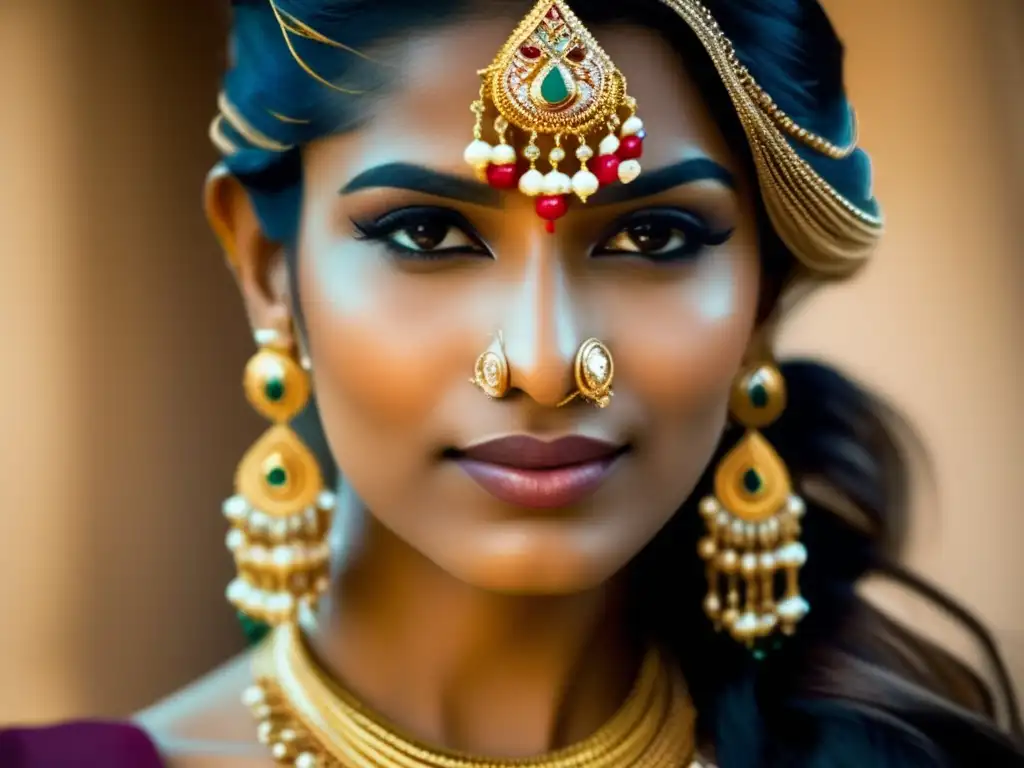 Evolución joyería India: historia y significado - Mujer india con adornos tradicionales, destacando el anillo nasal y joyería preciosa