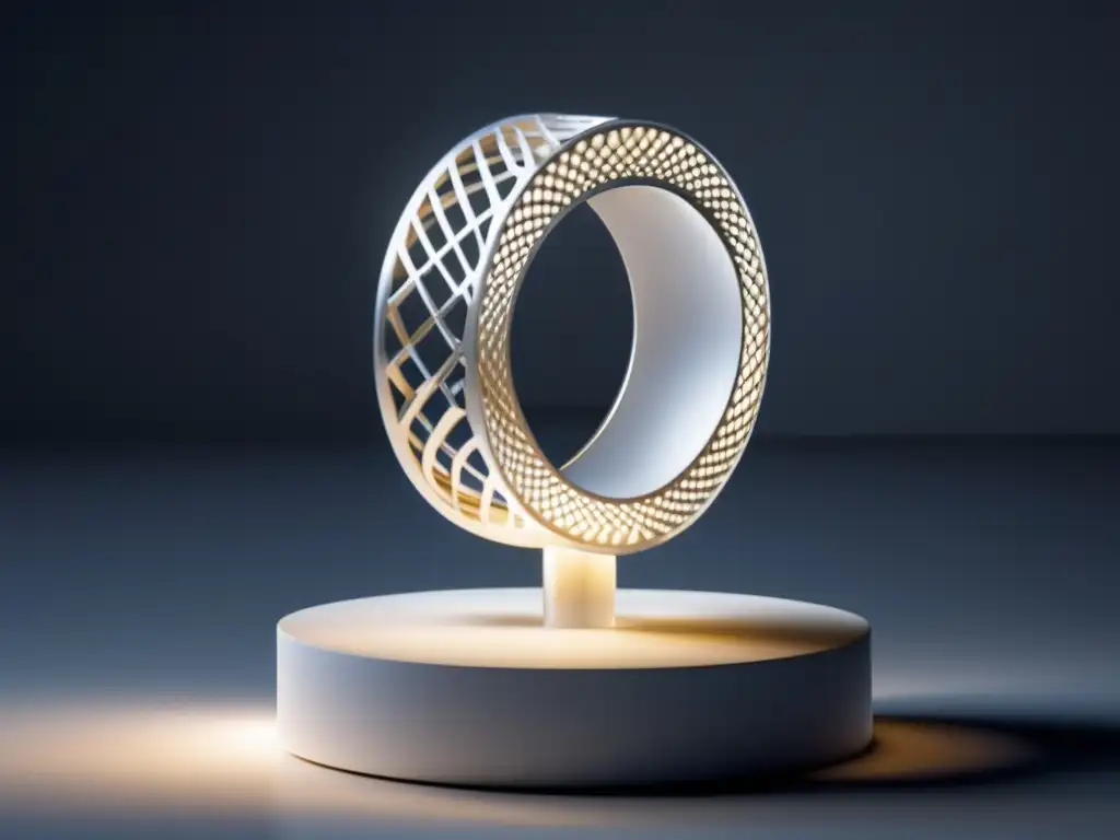 Innovaciones en la joyería con impresión 3D: joya 3D minimalista en pedestal blanco, diseño geométrico e innovador, luces y sombras cautivadoras