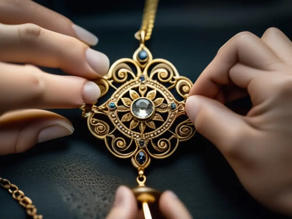 Técnicas de restauración de joyas antiguas: joyero experto limpia y restaura delicadamente un collar antiguo, resaltando su belleza y artesanía