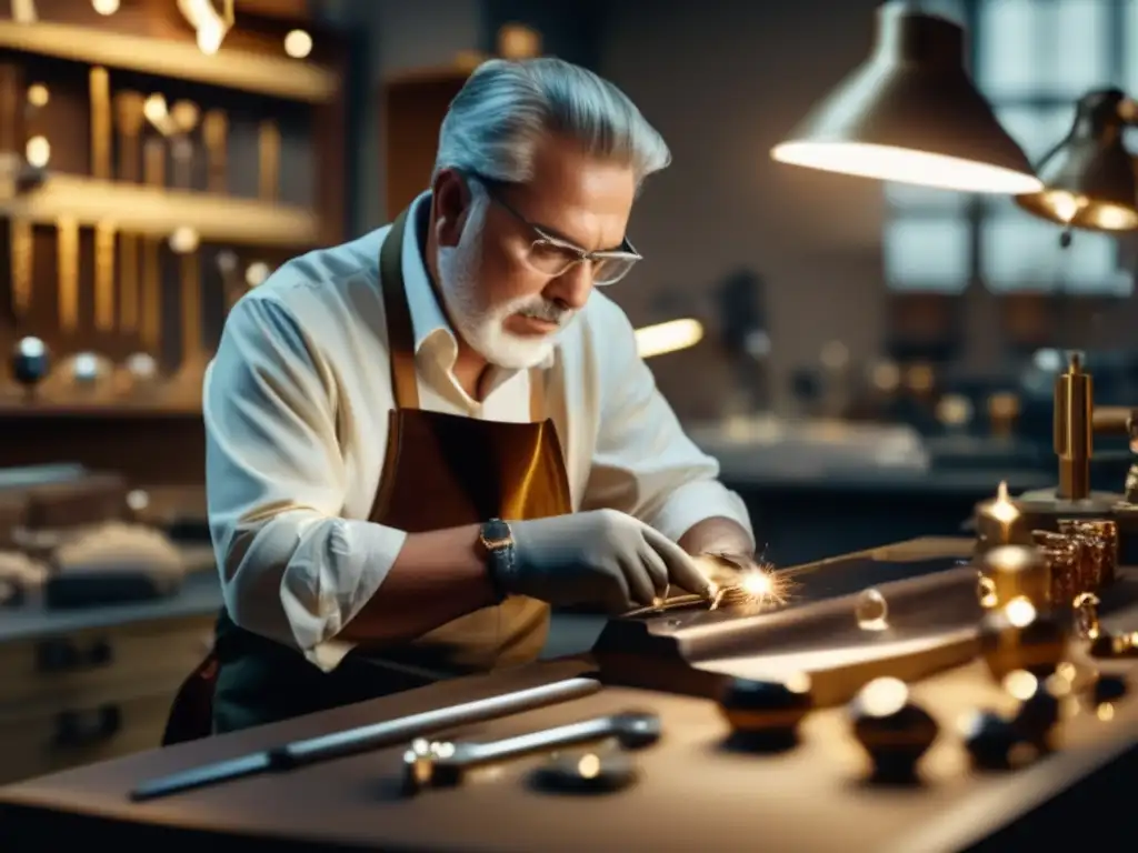 Joyería: técnicas de restauración histórica - Maestro joyero trabajando con precisión en una pieza de joyería, rodeado de herramientas y materiales -