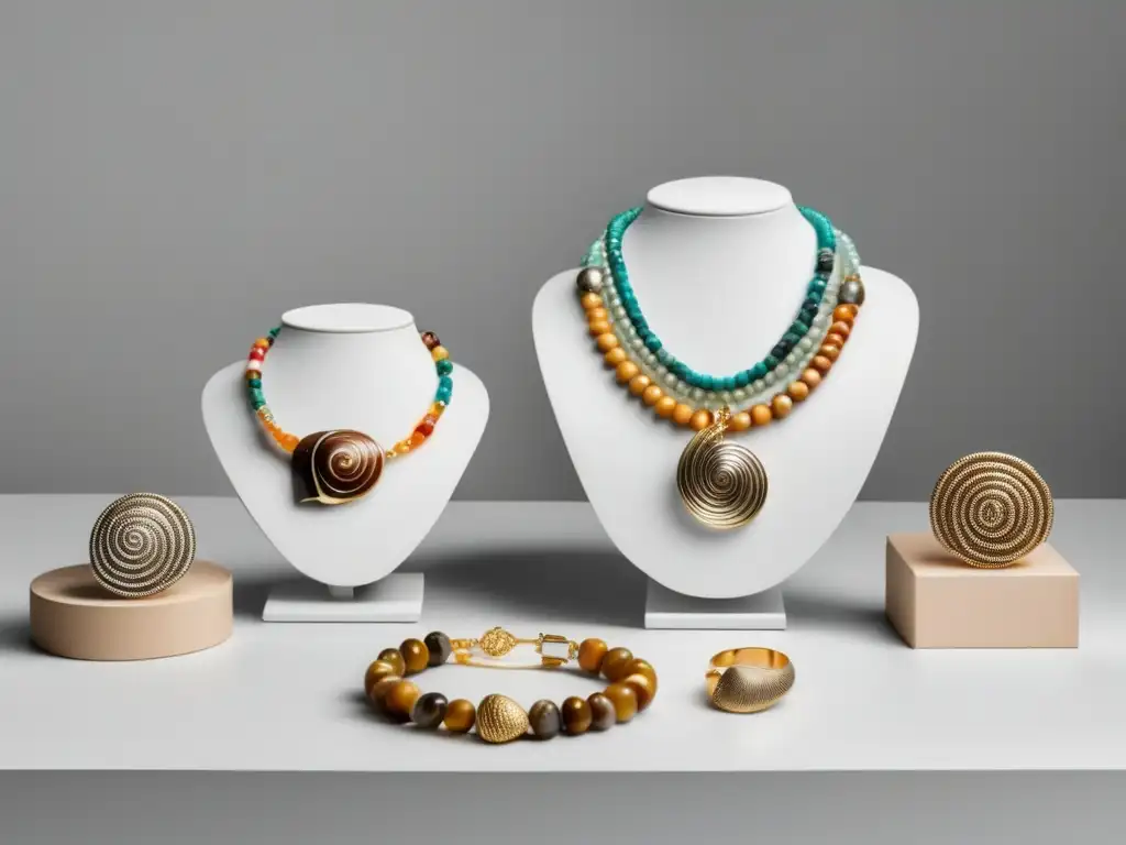 Joyas de caparazón de caracol: Exhibición minimalista de joyería moderna con colgantes, pulseras y anillos de caparazón de caracol