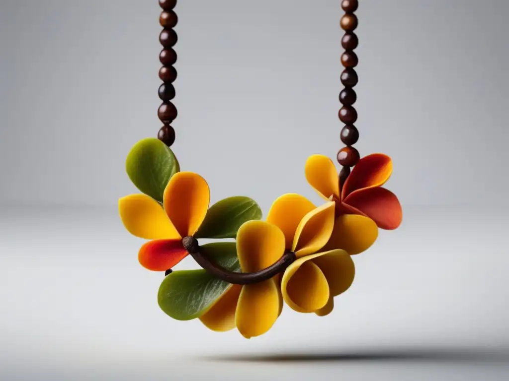 Historia joyería cáscaras frutas: Collar de cáscaras de frutas tejidas con elegancia y colores vibrantes, en fondo blanco minimalista