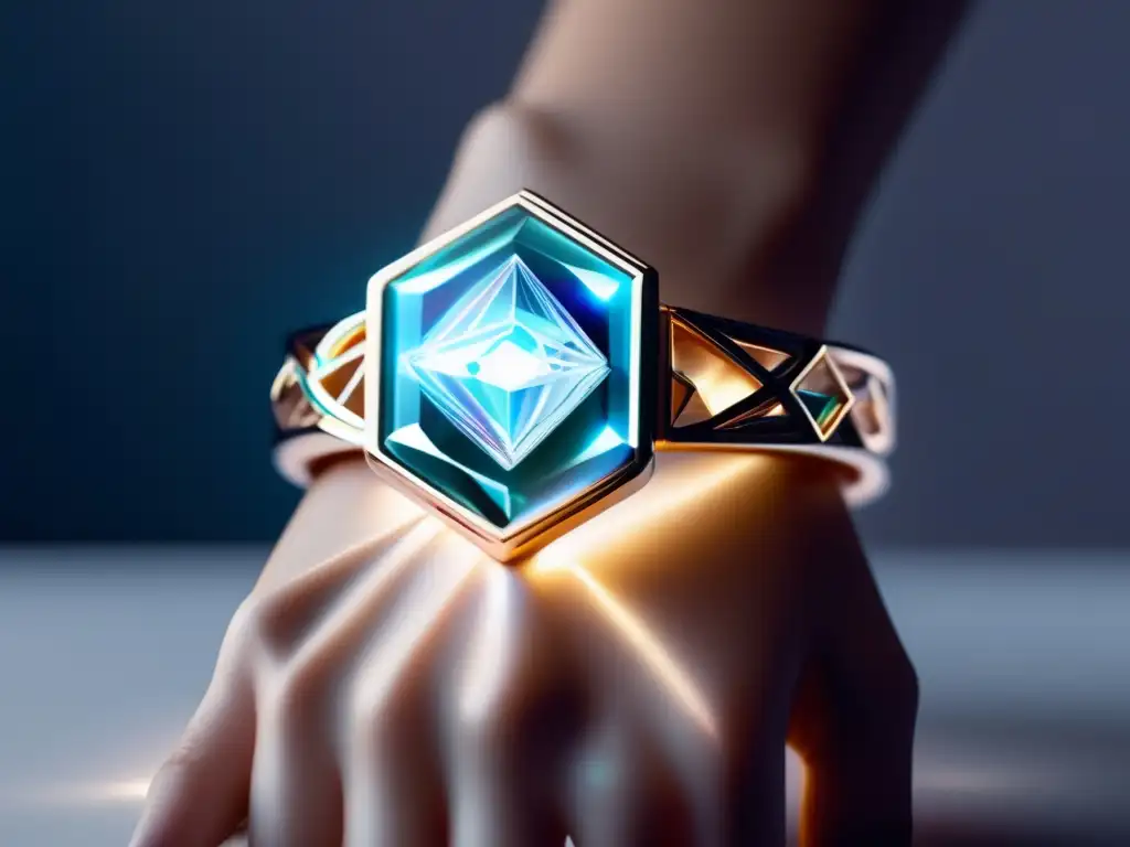 Evolución joyería realidad aumentada: Mano con pulsera holográfica y diseño geométrico, resaltada por realidad aumentada