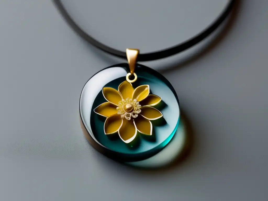 Joyería resina epoxi: técnica innovadora con textura y detalles de flor en colgante de collar, acabado brillante, diseño minimalista