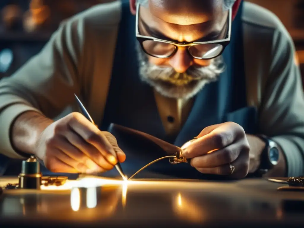 Proceso de restauración joyas antiguas: joyero experto realizando delicada soldadura en pieza vintage