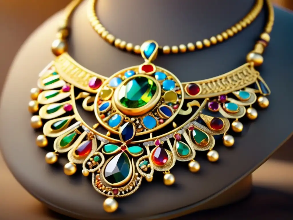 Joyería etíope antigua: Detalle impresionante de un collar de oro con gemas vibrantes y filigranas delicadas, representando a la Reina de Saba