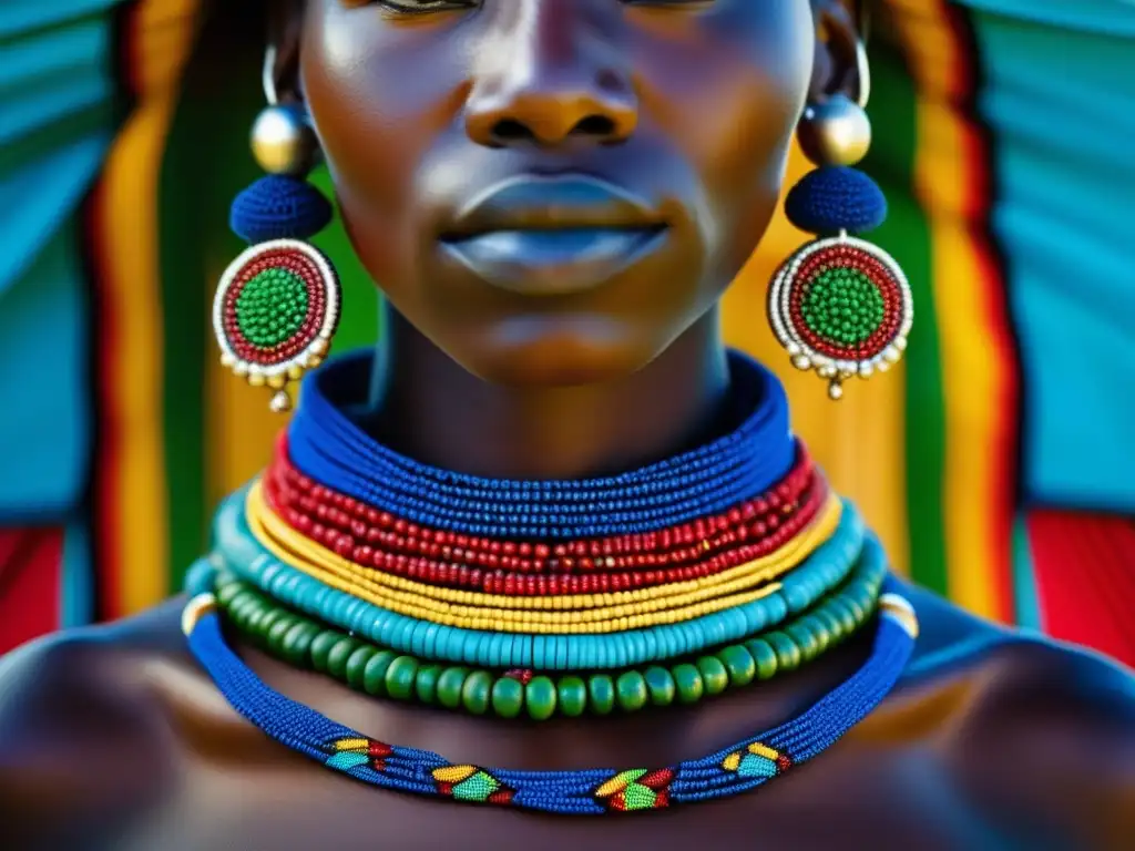 Joyería tradicional de los Masai: imagen 8k detallada muestra collar de cuentas con colores vibrantes y expresión orgullosa