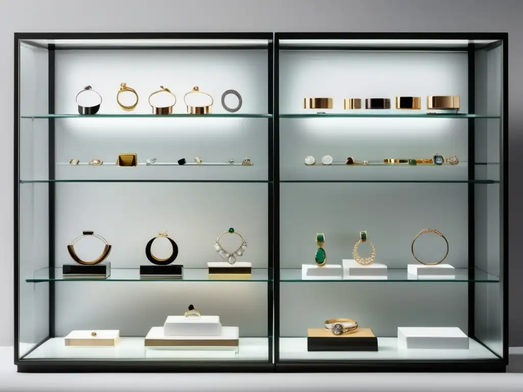 Joyería contemporánea: exhibición minimalista y elegante con piezas geométricas, pulseras delicadas y anillos impactantes