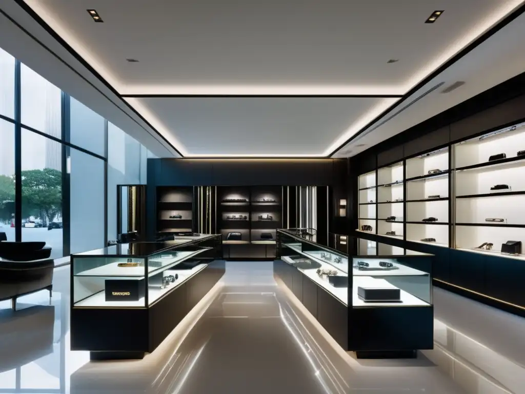 Historia joyería moda lujo: Sala exhibición minimalista con joyas de Tom Ford, diseño vanguardista, detalles intrincados y elegancia