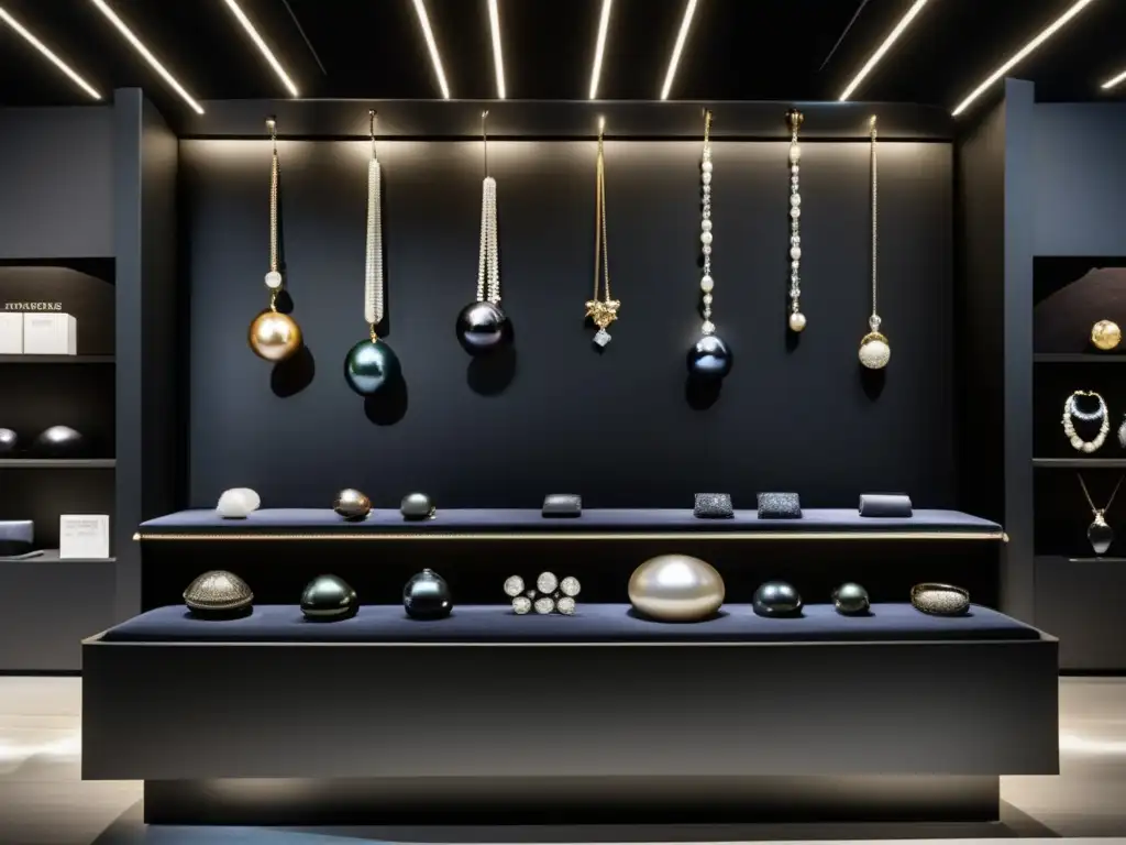 Joyería contemporánea con perlas negras de Tahití en elegante exhibición-