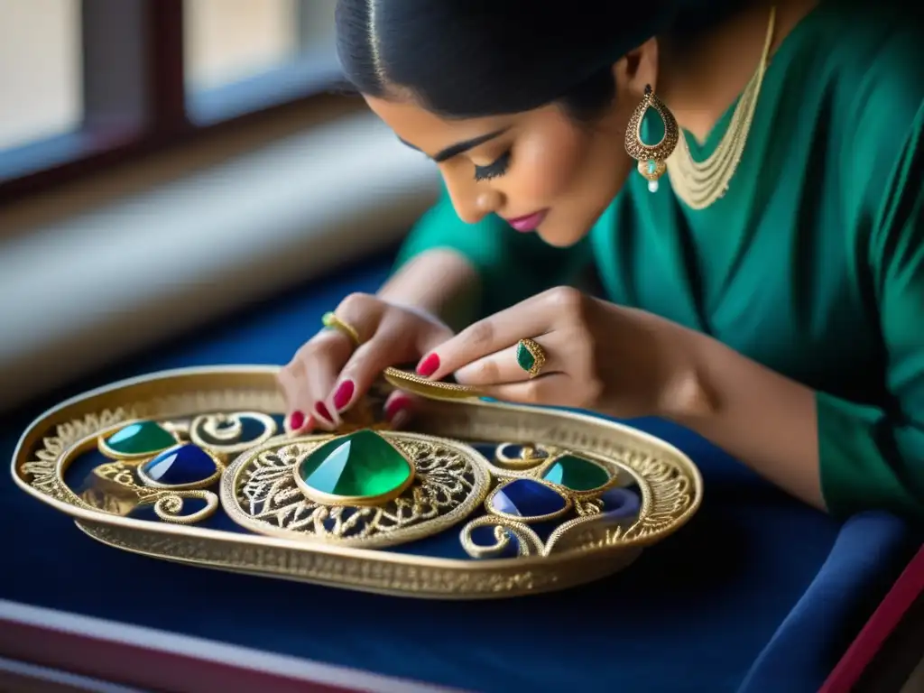 Joyería persa: tradición vanguardia, manos expertas creando una pieza ornamental, gemas vibrantes, luz suave destacando detalles