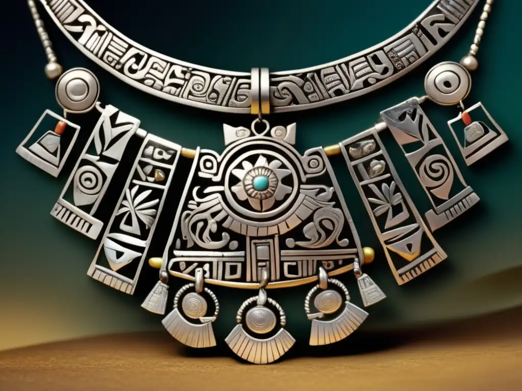 Joyería peruana: legado precolombino en modernidad - Detalle de collar de plata Inca con diseños geométricos, símbolos solares y motivos animales