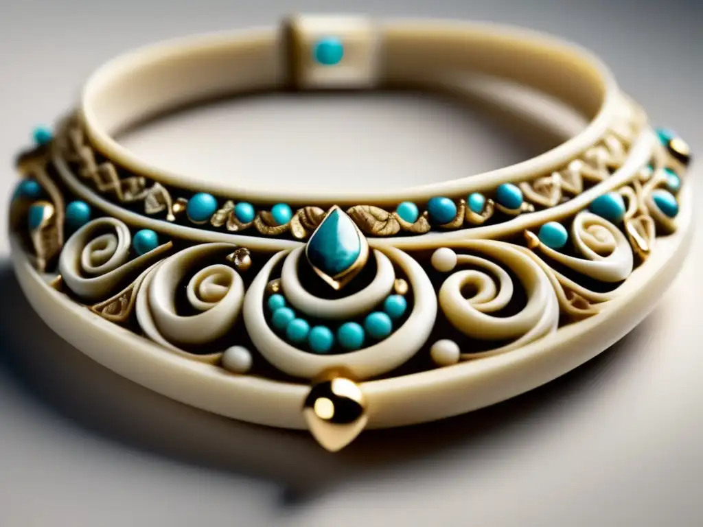 Joyería prehistórica de hueso tallado Joyas prehistóricas vida y muerte: Detalle de una joya antigua tallada en hueso con piedras y cuentas