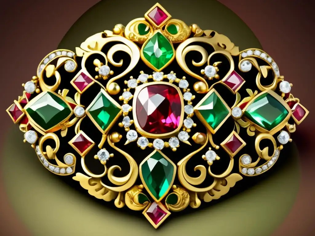 Técnicas restauración joyería antigua: joya Renacimiento restaurada, exquisitamente detallada con gemas preciosas en un elegante diseño dorado