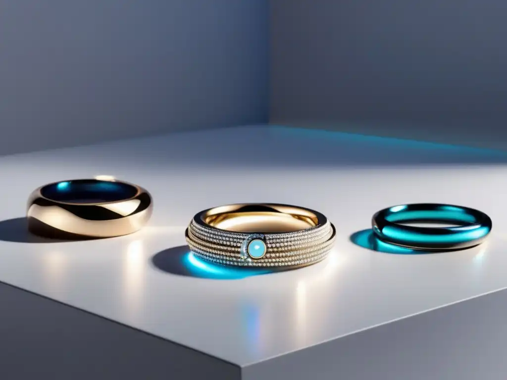 Joyería inteligente y comunicación: imagen minimalista de joyería tecnológica avanzada con anillos, pulseras y collares futuristas