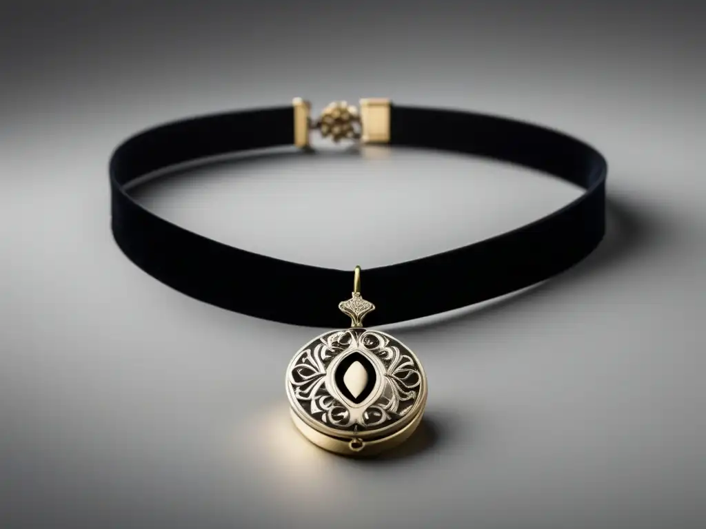 Joyas de Duelo en la Sociedad Victoriana: Choker de terciopelo negro con locket de plata grabado con flores simbólicas de amor eterno