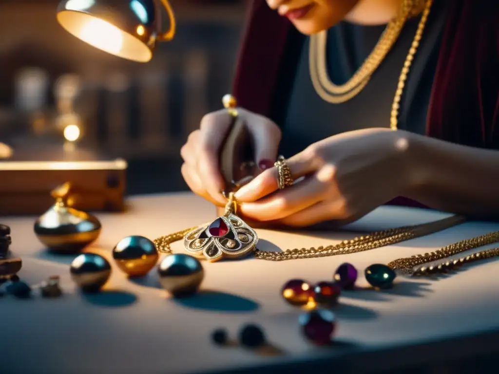 Experto joyero restaurando collar vintage con detalle y precisión